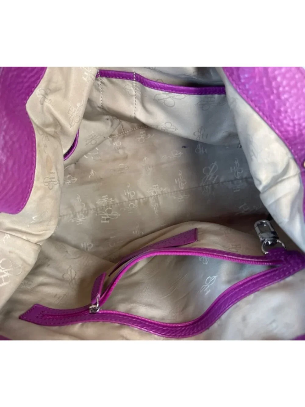 Cole Haan Purple Leather Tote Bag With Cream Interior & Tan Handles 12